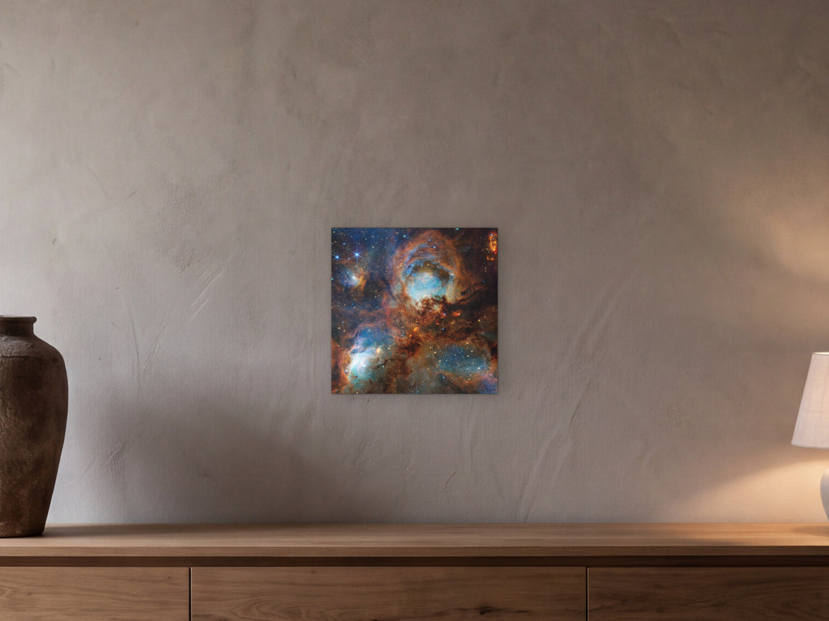 Cat's Paw Nebula shown in a beamed room with a greige plaster wall above a long oak sideboard - scale render at 40 × 40 cm