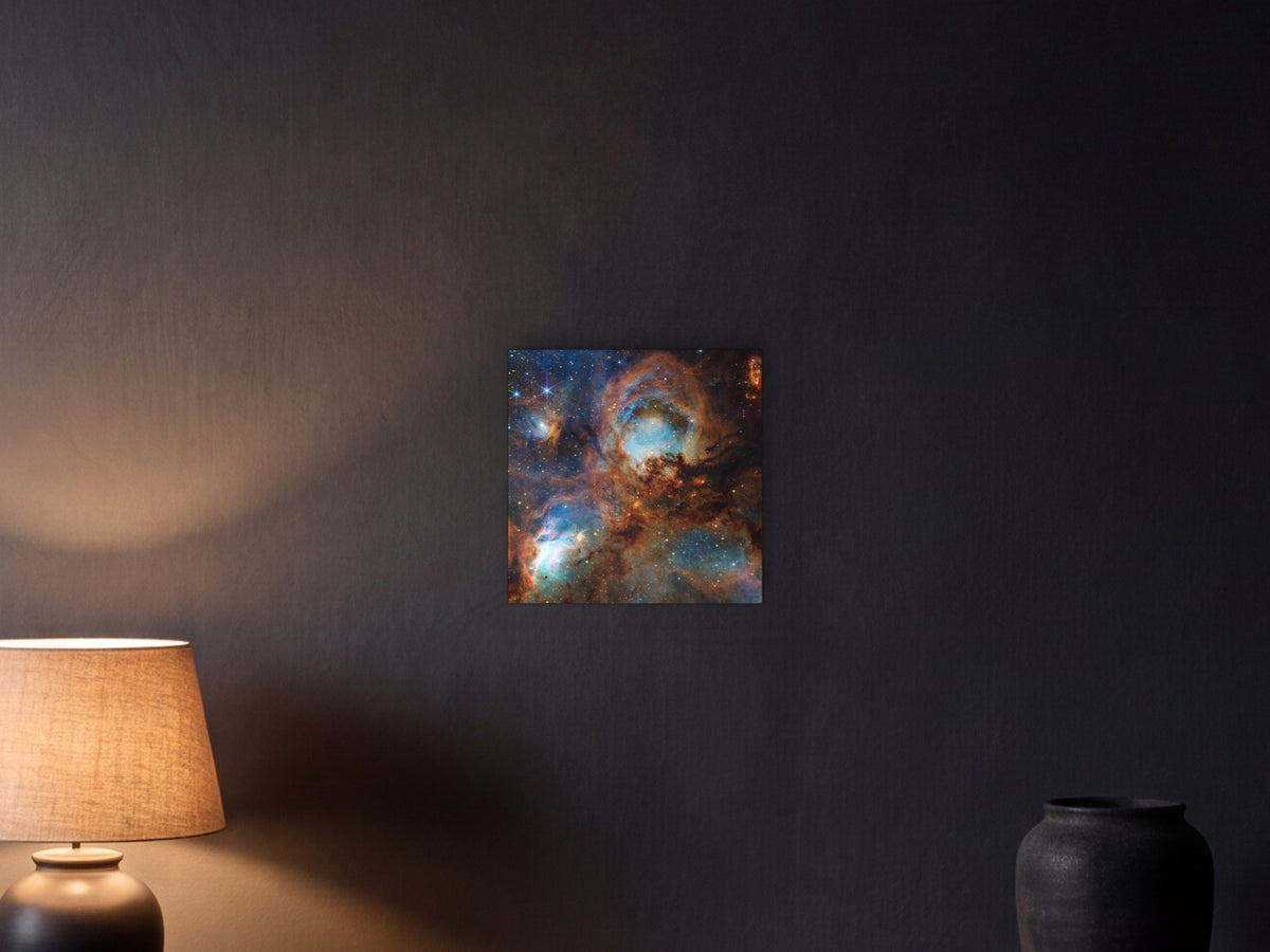 Cat's Paw Nebula shown in a graphite plaster wall at night, lit by a console lamp - scale render at 40 × 40 cm