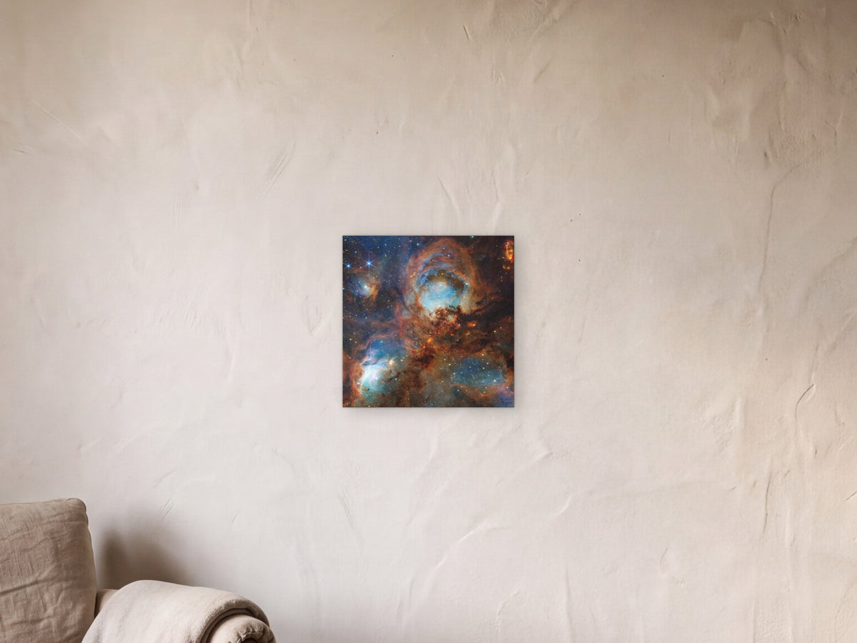 Cat's Paw Nebula shown in a limewash reading corner beside an armchair and a floor lamp - scale render at 40 × 40 cm