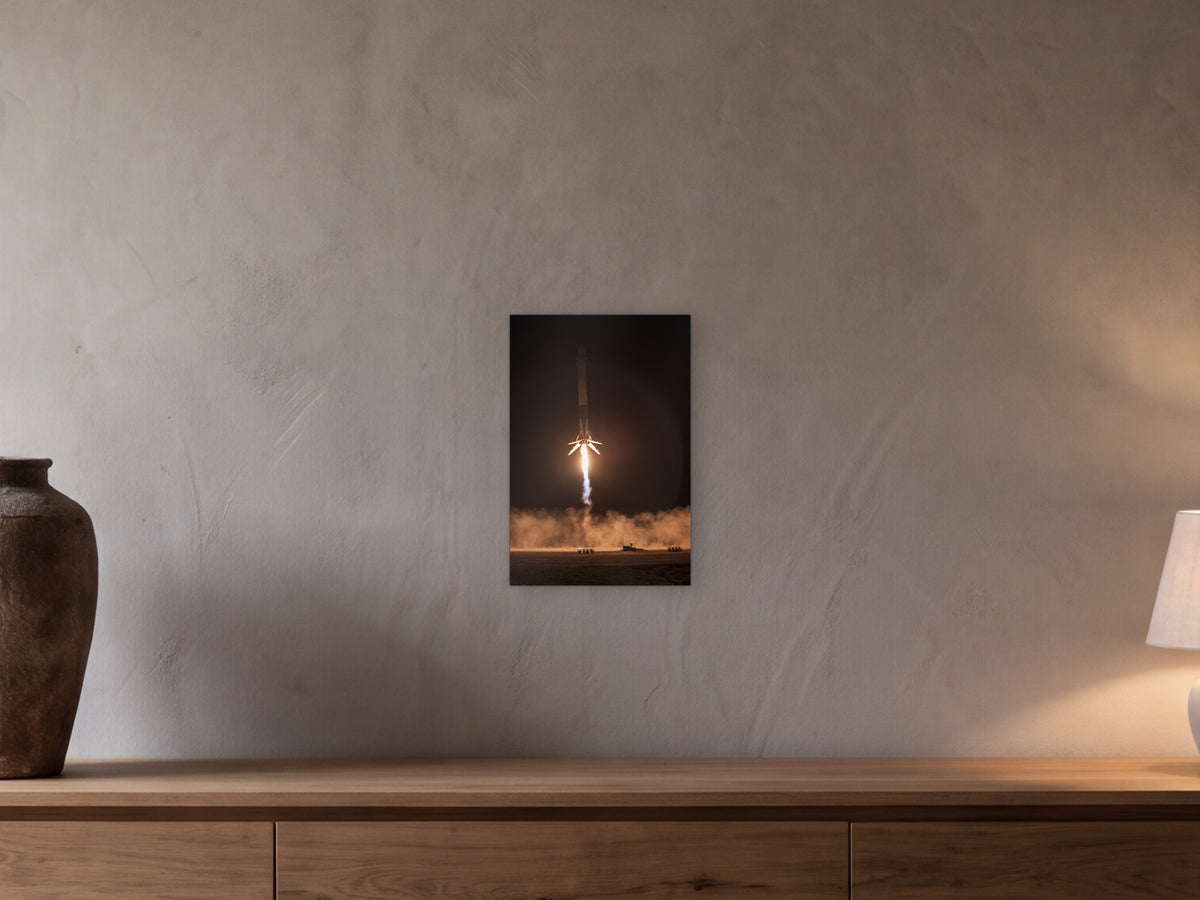 Landing Burn shown in a beamed room with a greige plaster wall above a long oak sideboard - scale render at 30 × 45 cm