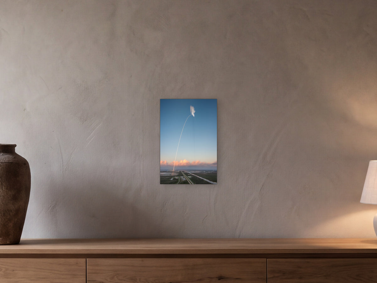The Long Arc shown in a beamed room with a greige plaster wall above a long oak sideboard - scale render at 30 × 45 cm