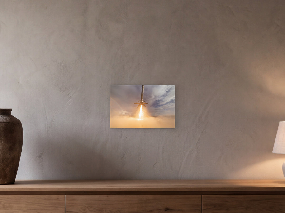 Descent with Rainbow shown in a beamed room with a greige plaster wall above a long oak sideboard - scale render at 45 × 30 cm