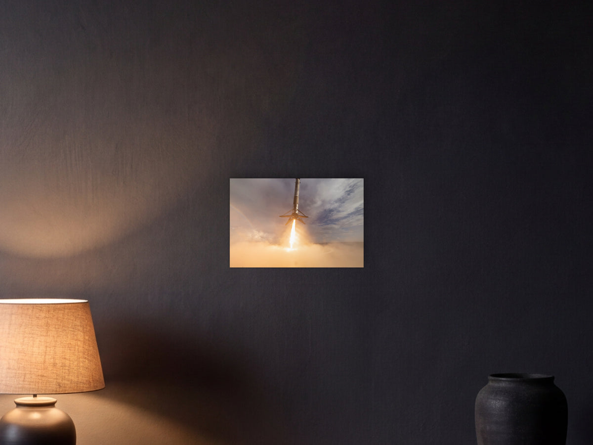 Descent with Rainbow shown in a graphite plaster wall at night, lit by a console lamp - scale render at 45 × 30 cm