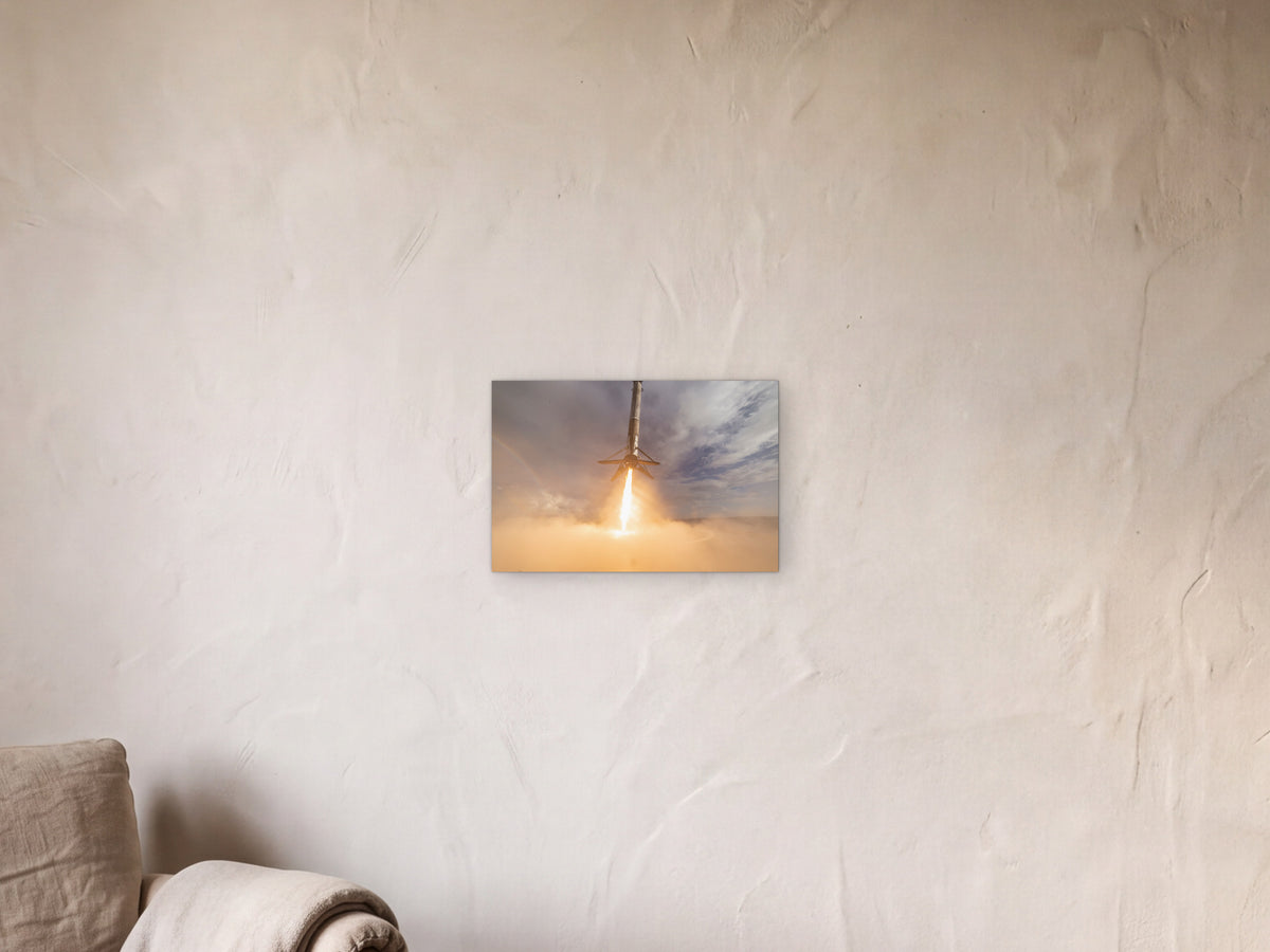 Descent with Rainbow shown in a limewash reading corner beside an armchair and a floor lamp - scale render at 45 × 30 cm