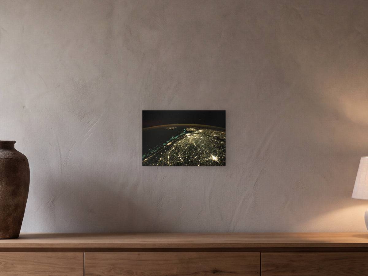 Fishing Boats and City Lights shown in a beamed room with a greige plaster wall above a long oak sideboard - scale render at 45 × 30 cm