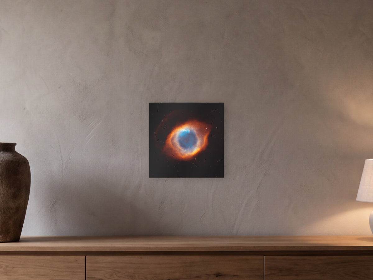 The Helix Nebula, NGC 7293 shown in a beamed room with a greige plaster wall above a long oak sideboard - scale render at 40 × 40 cm