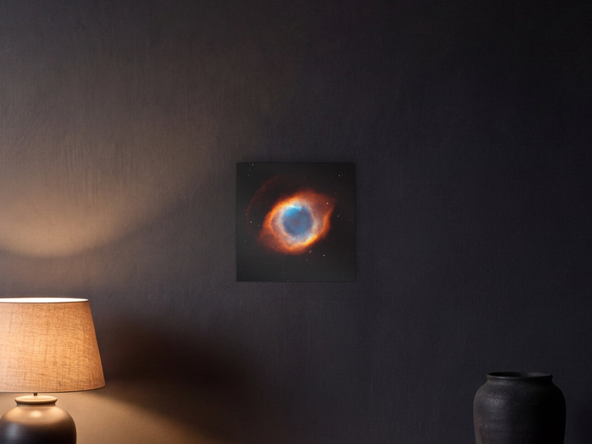 The Helix Nebula, NGC 7293 shown in a graphite plaster wall at night, lit by a console lamp - scale render at 40 × 40 cm
