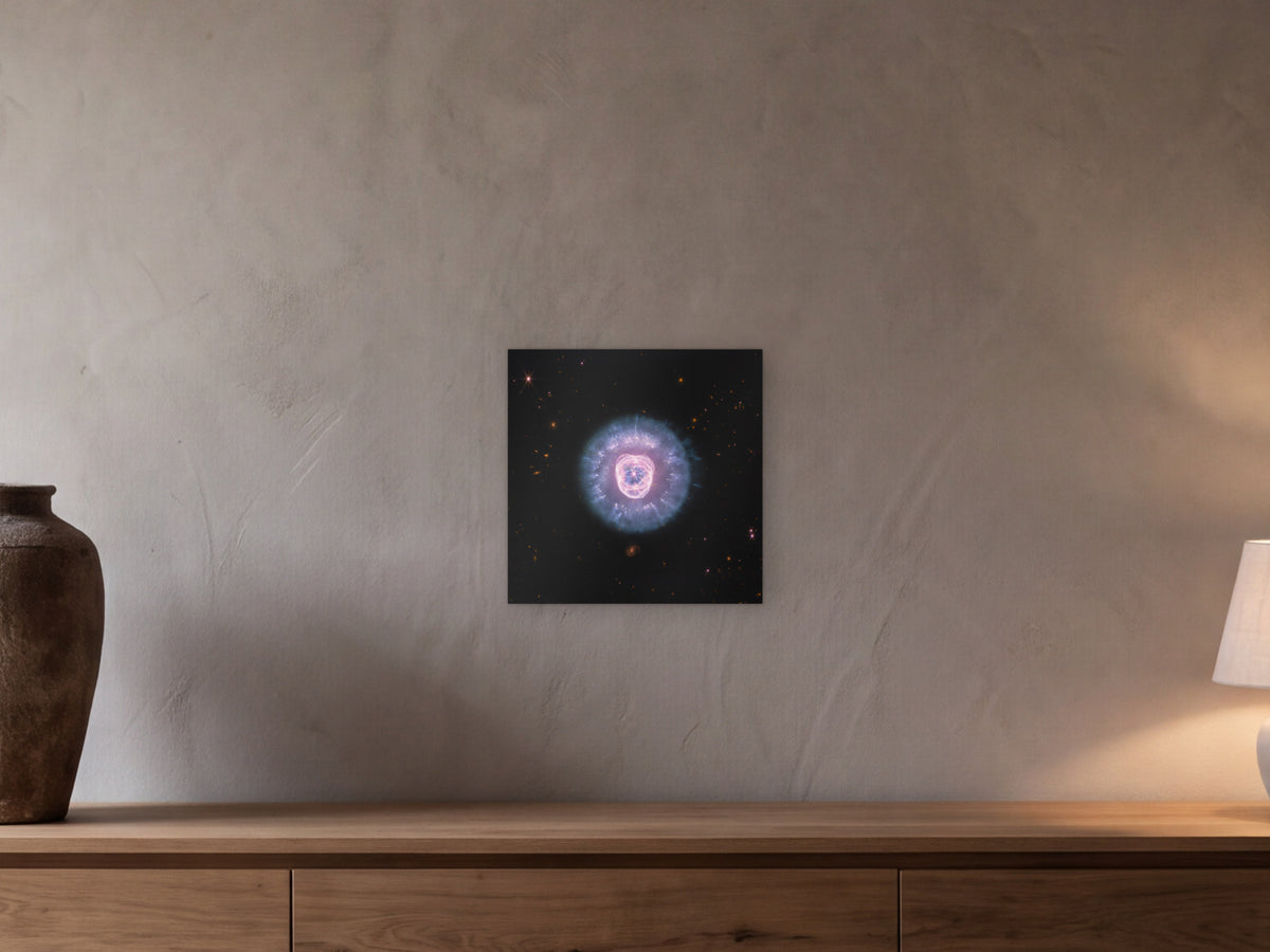 Lion Nebula shown in a beamed room with a greige plaster wall above a long oak sideboard - scale render at 40 × 40 cm