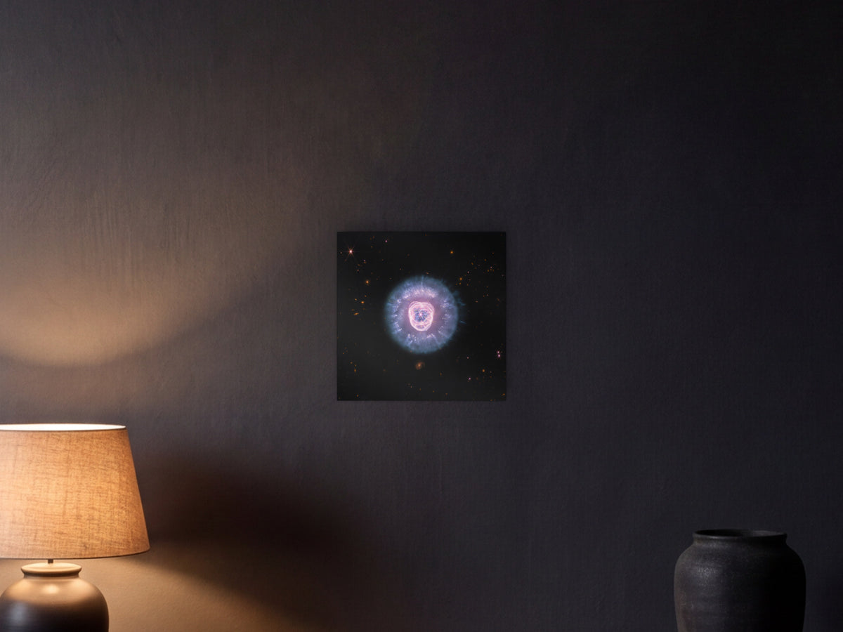 Lion Nebula shown in a graphite plaster wall at night, lit by a console lamp - scale render at 40 × 40 cm