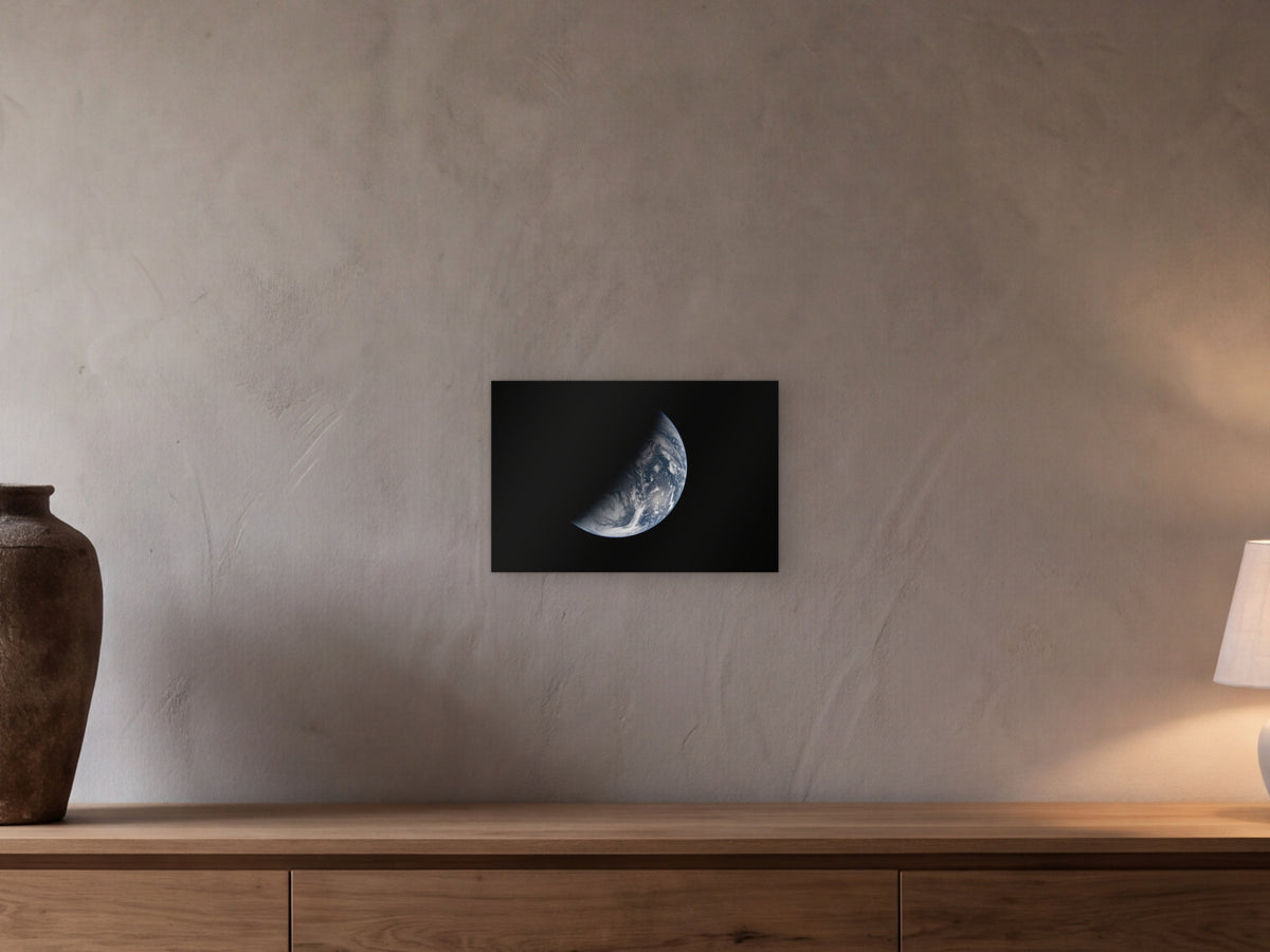 Night and (Earth) Day shown in a beamed room with a greige plaster wall above a long oak sideboard - scale render at 45 × 30 cm
