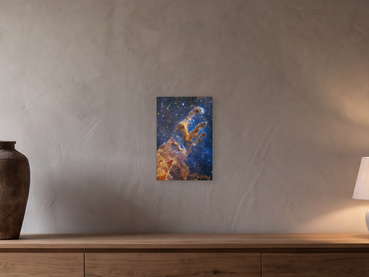Pillars of Creation shown in a beamed room with a greige plaster wall above a long oak sideboard - scale render at 30 × 45 cm