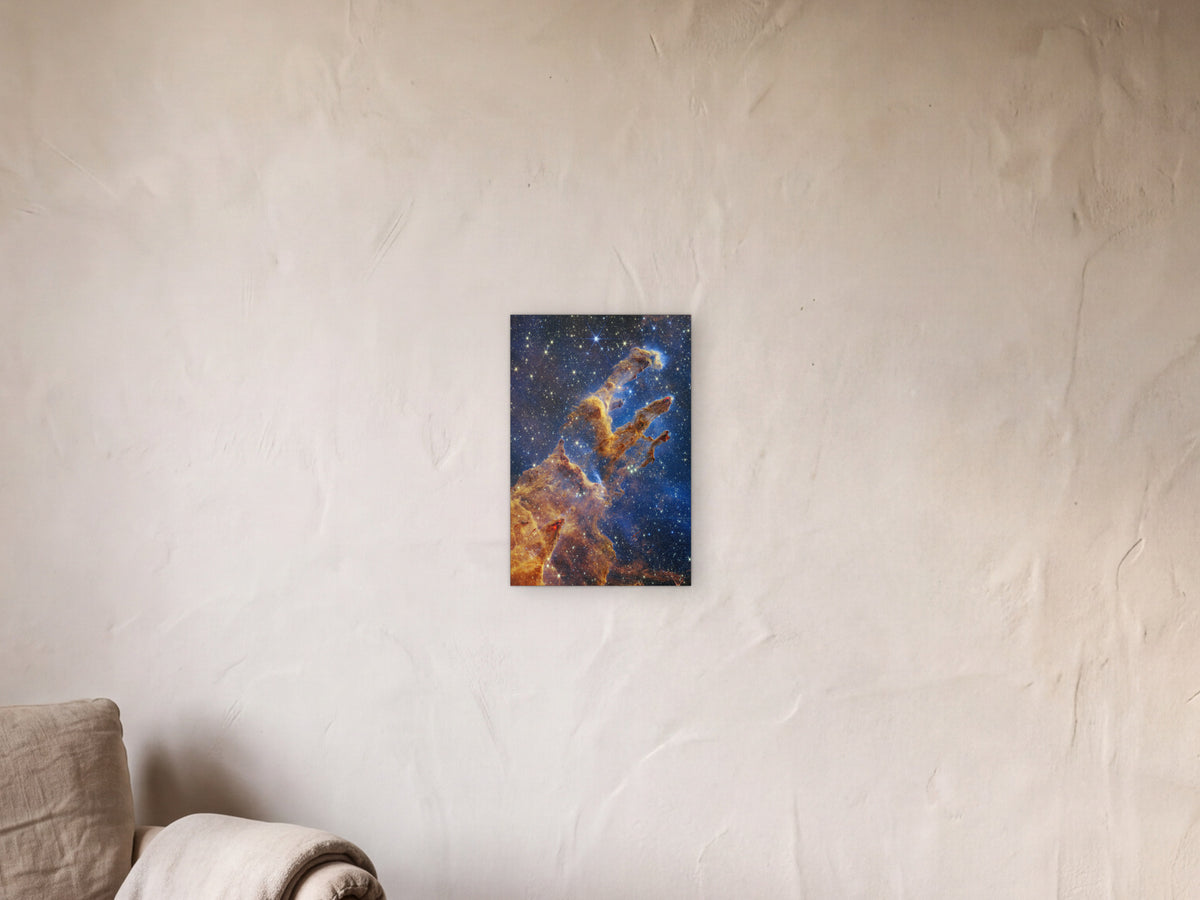 Pillars of Creation shown in a limewash reading corner beside an armchair and a floor lamp - scale render at 30 × 45 cm