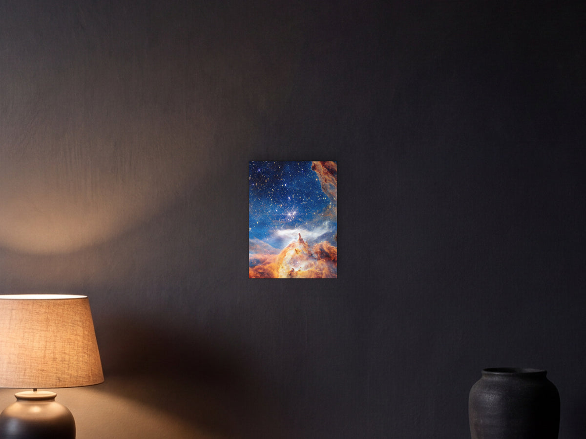 Pismis 24 shown in a graphite plaster wall at night, lit by a console lamp - scale render at 30 × 40 cm
