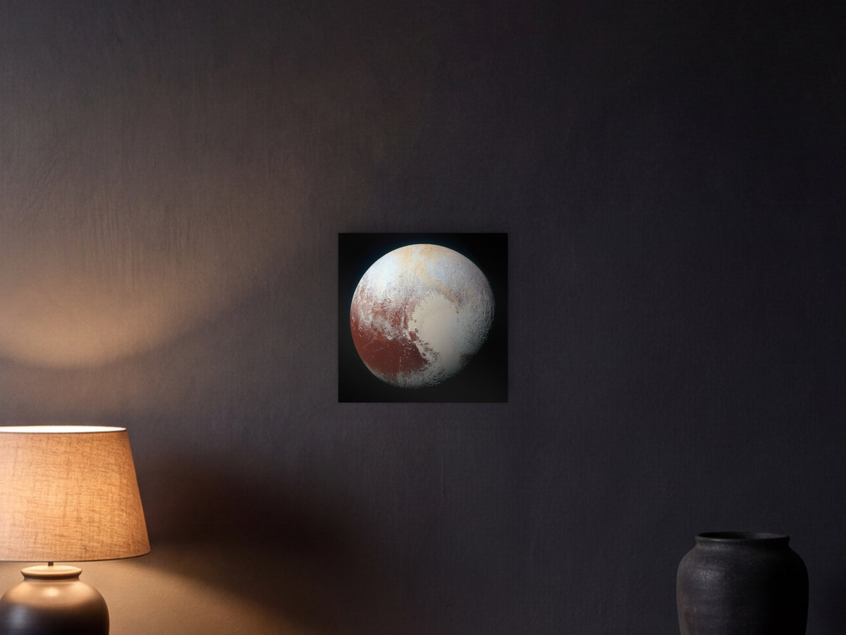 The Rich Color Variations of Pluto shown in a graphite plaster wall at night, lit by a console lamp - scale render at 40 × 40 cm