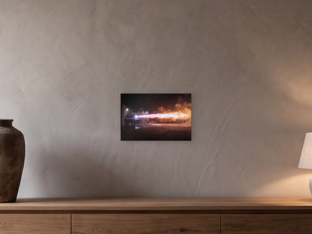 Test Stand at Night shown in a beamed room with a greige plaster wall above a long oak sideboard - scale render at 45 × 30 cm