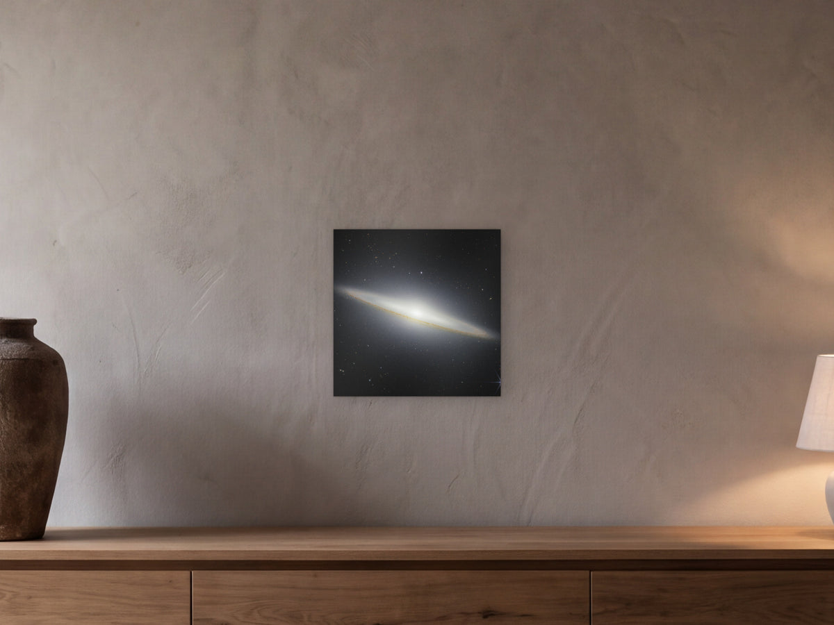 Sombrero Galaxy in Near-Infrared shown in a beamed room with a greige plaster wall above a long oak sideboard - scale render at 40 × 40 cm