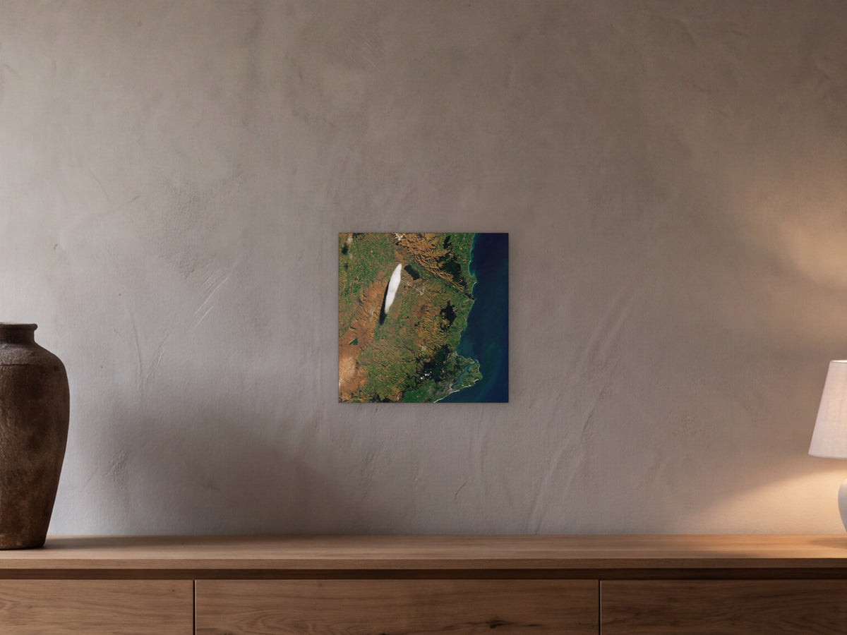 A Particular Lenticular Cloud shown in a beamed room with a greige plaster wall above a long oak sideboard - scale render at 40 × 40 cm