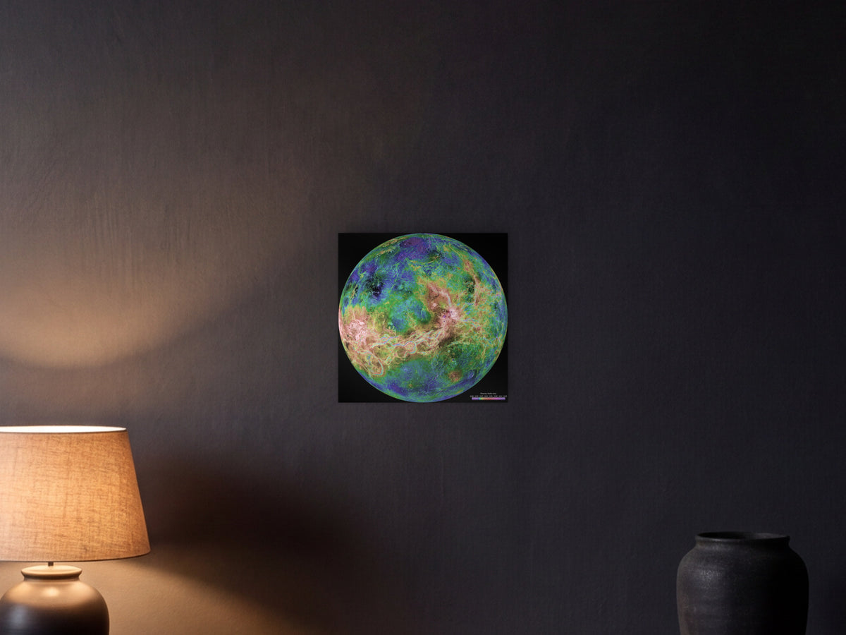 Venus, Magellan Mosaic shown in a graphite plaster wall at night, lit by a console lamp - scale render at 40 × 40 cm